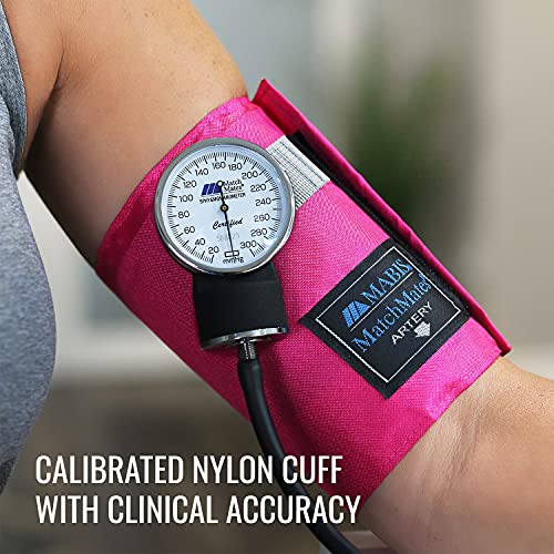 MABIS MatchMates Manual Blood Pressure Monitor Kit Aneroid Sphygmomanometer with Calibrated Nylon Cuff and Oversized Carrying Case, FSA and HSA Eligible, Adult, Magenta
