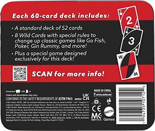 Mattel Games Wild Twists Playing Cards by Mattel Games UNO Brand, 2 Sets of a Standard 52-Card Deck Plus 8 Special Wild Cards, 2-Pack in Storage Tin [Amazon Exclusive]