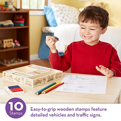 Melissa and Doug Wooden Stamp Set: Vehicles - 10 Stamps, 5 Colored Pencils, 2-Color Stamp Pad
