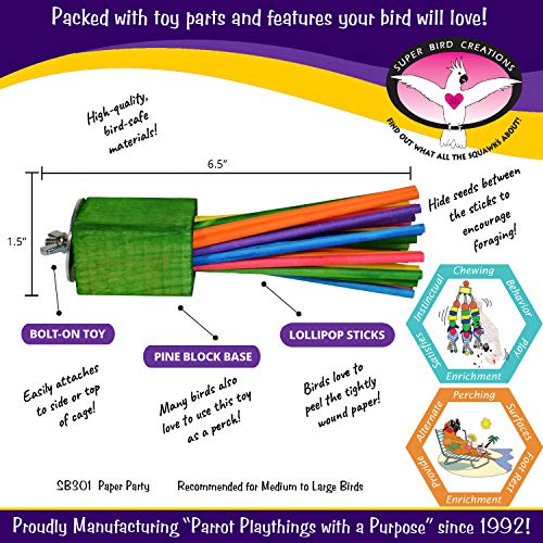 Super Bird Creations SB301 Chewable Paper Party Bird Toy with Colorful Lollipop Sticks, Large Size, 6.5” x 1.5” x 1.5”,Varies