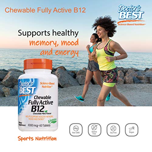 Doctor's Best Chewable Fully Active B12 Chocolate Mint Flavor, Memory, Mood, Circulation and Well-Being, 1,000mcg, 60 Tablets