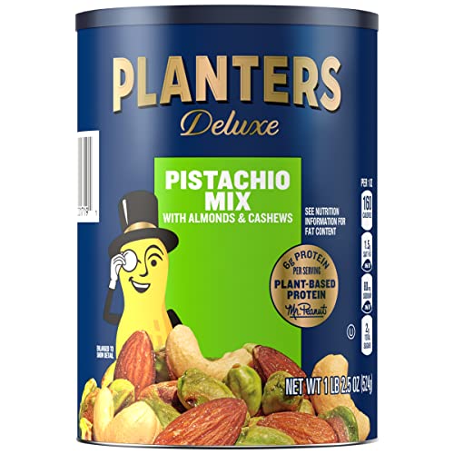 PLANTERS Deluxe Pistachio Mix, 1.15 lb. Resealable Canister - Deluxe Pistachio Mix: Pistachios, Almonds and Cashews Roasted in Peanut Oil with Sea Salt - Kosher, Savory Snack