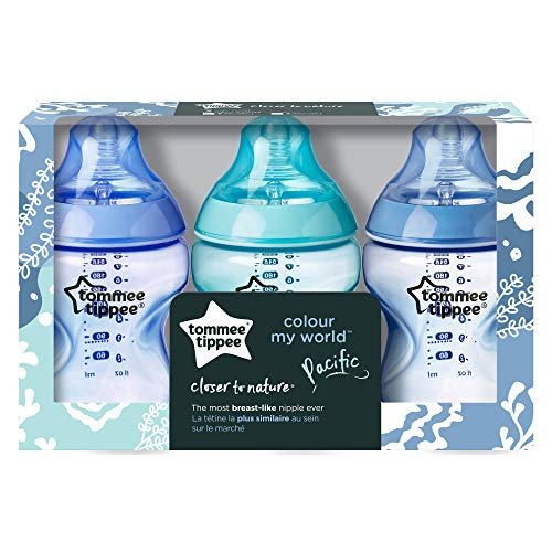 Tommee Tippee Closer to Nature Baby Bottles, Slow Flow Breast-Like Nipple with Anti-Colic Valve, 9oz, 3 Count, Colour My World Pacific - Blue