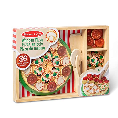 Melissa and Doug Wooden Pizza Play Food Set With 36 Toppings - Pretend Food And Pizza Cutter/ Toy For Kids Ages 3+
