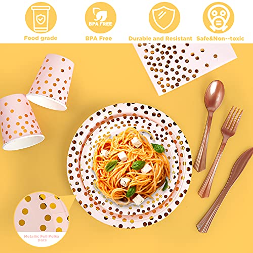 Pink and Gold Party Supplies - 350 PCS Disposable Dinnerware Set - Pink Paper Plates Napkins Cups, Gold Plastic Forks Knives Spoon for Graduation, Birthday, Cocktail Party