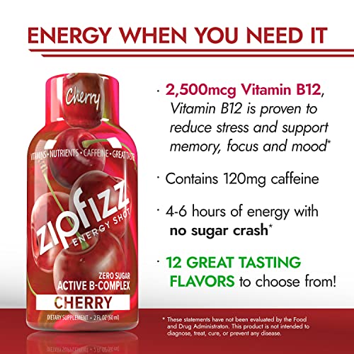 Zipfizz 2oz Energy Shot - Cherry Flavor | Hydrating Electrolyte Drinks w/Liquid B12, Caffeine, Ginseng, and Vitamins | Low Carb, Gluten Free, Sugar Free Energy Drink (6 Pack)