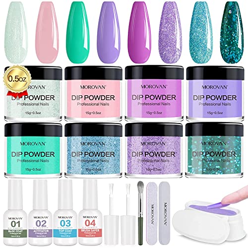 Morovan Dip Powder Nail Kit Starter - 8 Colors Dipping Powder Kit with Base Top Coat Activator Brush Saver Nail Dip Powder Kit for Dipping Nails DIY at Home Salon