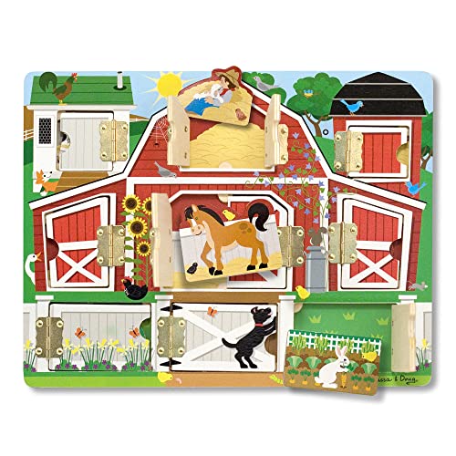 Melissa and Doug Hide and Seek Farm Wooden Activity Board With Barnyard Animal Magnets - Wooden Busy Board, Hide And Seek Puzzles, Wooden Magnet Puzzles For Toddlers And Kids Ages 3+
