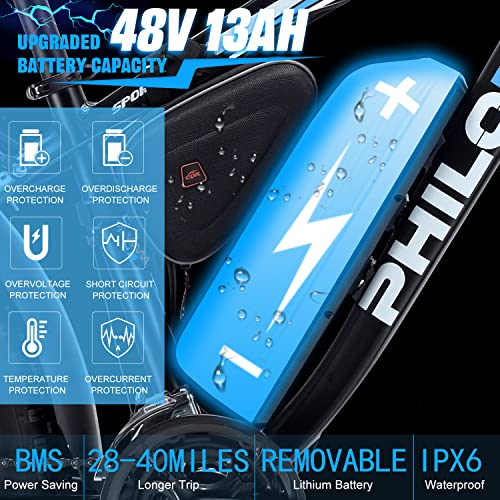 PHILODO Electric Mountain Bike for Adults, Fat Tire Ebike 26' 1000W 48V/17.5Ah Removable Battery 31MPH Electric Bicycles 21-Speed