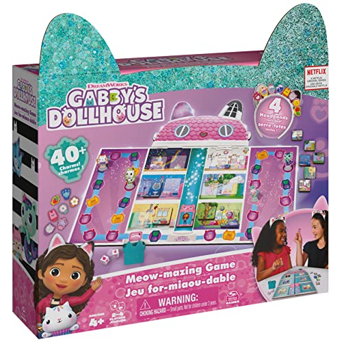 Gabby’s Dollhouse, Meow-Mazing Board Game Based on The DreamWorks Netflix Show with 4 Kitty Headbands, for Families and Kids Ages 4 and up