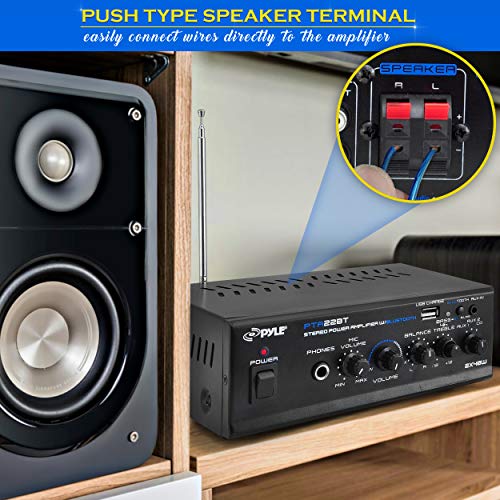 Pyle Bluetooth Mini Blue Series Home Audio Amplifier - Compact Desktop Home Theater-Stereo Amplifier Receiver with USB Charge Port - Pager and Mixer Karaoke Modes - Mic Input (40 Watt x 2) - PTA22BT