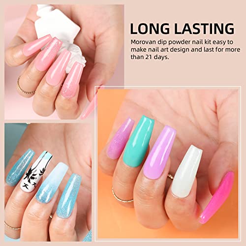 Morovan Dip Powder Nail Kit Starter - 8 Colors Dipping Powder Kit with Base Top Coat Activator Brush Saver Nail Dip Powder Kit for Dipping Nails DIY at Home Salon