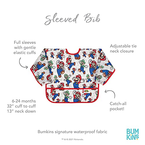 Bumkins Sleeved Baby, Toddler Bib, Smock, Waterproof Fabric, Nintendo Super Mario and Luigis, Fits Ages 6-24 months