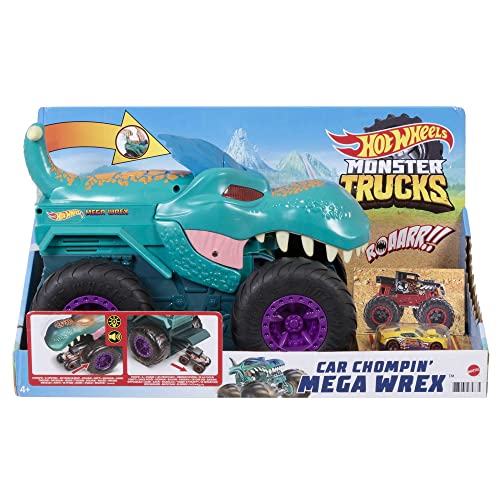 Hot Wheels Monster Trucks Car Chompin' MEGA-Wrex, Large Toy Monster Truck and 1:64 Scale Toy Car, 'Eats' and 'Poops' 1:64 Scale Vehicles