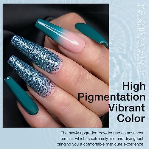 REDNEE 21 Pcs Fast Dry Dip Powder Nail Kit Starter - 12 Colors Mermaid Collection Purple Green Glitter Dipping Powder Nail Art Set for Salon Party No LED Nail Lamp Needed RE35