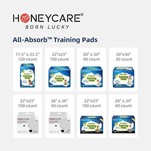 HONEY CARE All-Absorb, Large 22' x 23', 100 Count, Dog and Puppy Training Pads, Ultra Absorbent and Odor Eliminating, Leak-Proof 5-Layer Potty Training Pads with Quick-Dry Surface, Blue, A01
