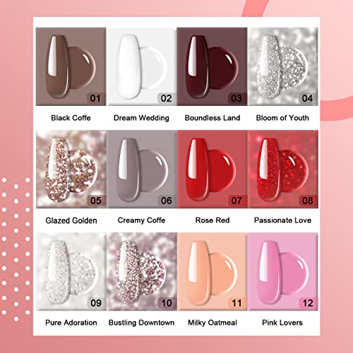 REDNEE 22 Pcs Dip Powder Nail Kit Starter 12 Colors Dipping Powder Set Rose Gold Red with Base Activator Top Coat and 5 Nail Tools for Nail Art Manicure - RE08 Inviting Color