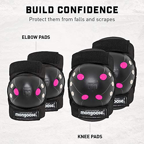 Mongoose Youth BMX Bike Gel Knee and Elbow Pad Set, Multi-Sport Protective Gear, Black/Pink