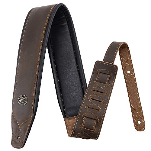 Rinastore Guitar Strap Leather 3 Inch Wide Full Grain Padded Soft Leather Strap for Acoustic, Electric and Bass Guitars (Whiskey Brown)