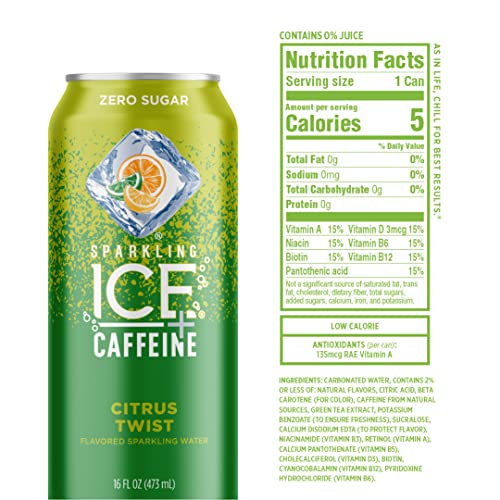 Sparkling Ice +Caffeine, Citrus Twist Flavored Sparkling Water with Caffeine, Zero Sugar, with Vitamins and Antioxidants, Low Calorie Beverage, 16 fl oz Cans (Pack of 12)