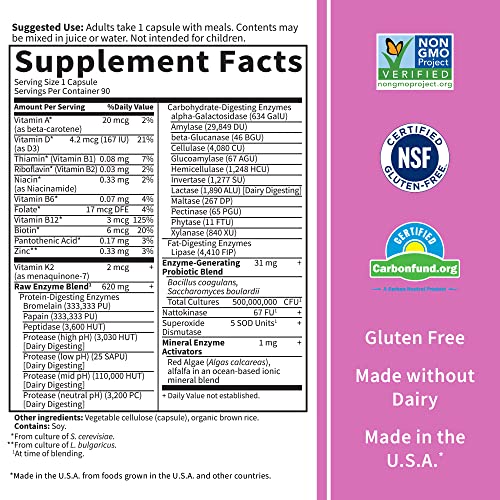 Garden of Life 22 Digestive Enzymes for Women 50 and Over with Bromelain, Papain and Lactase Plus Probiotics and Vitamins B12, Biotin and Zinc – RAW Enzymes – Non-GMO, Gluten-Free, Vegetarian, 90 Capsules
