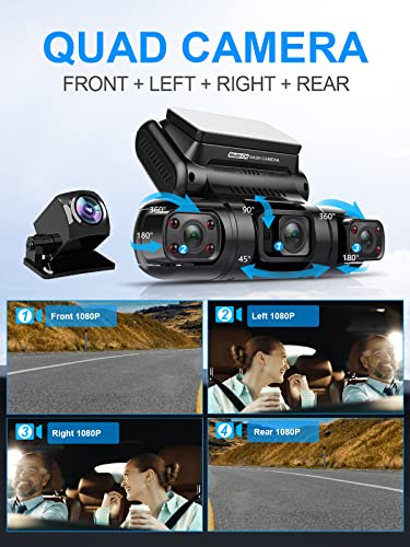 PRUVEEO Dash Cam, 4 Channel Quad Camera Front, Left, Right and Rear, Front and Rear Inside, GPS, 256 Gb Max, Not Include SD Card