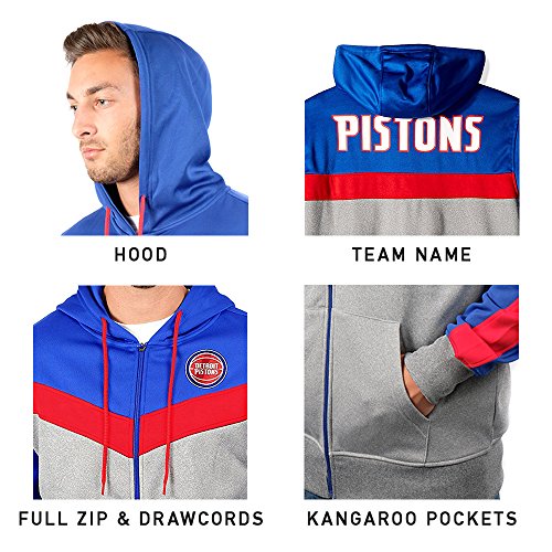 Ultra Game NBA Detroit Pistons Mens Soft Fleece Full Zip Jacket Hoodie, Team Color, Large