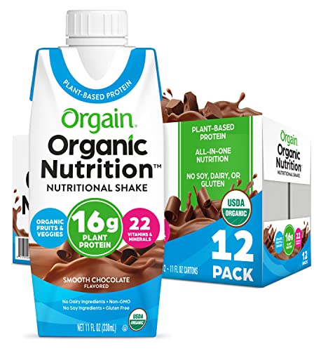 Orgain Organic Vegan Plant Based Nutritional Shake, Smooth Chocolate - Meal Replacement, 16g Protein, 22 Vitamins and Minerals, Dairy Free, Gluten Free, Packaging May Vary, 11 Fl Oz (Pack of 12)