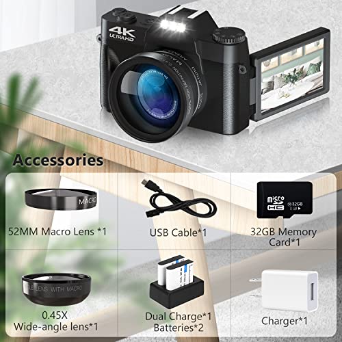 VJIANGER Digital Camera for Photography and Video 4K 48MP Vlogging Camera for YouTube with 180° Flip Screen,16X Digital Zoom,52mm Wide Angle and Macro Lens, 32GB TF Card, 2 Batteries (W01-Black)