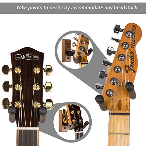 String Swing Guitar Hanger - Holder for Electric Acoustic and Bass Guitars - Stand Accessories Home or Studio Wall - Musical Instruments Safe without Hard Cases - Black Walnut Hardwood CC01K-BW 2-Pack