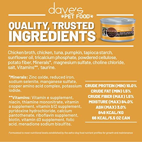 Dave's Pet Food Grain Free Wet Cat Food (Shredded Chicken and Tuna in Gravy), Naturally Healthy Canned Cat Food, Added Vitamins and Minerals, Wheat, Gluten and GMO-Free, 2.8 oz (Case of 24)