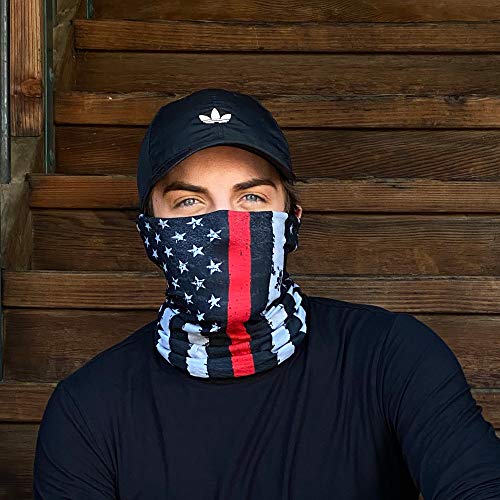 Neck Gaiter Face Mask Scarf - Proudly Made in The USA. Sun and Dust Protection, Sport, Bandanas for Fishing, Hiking, Cycling, Motorcycling, Running - Green Camo Flag and Red Stripe Flag