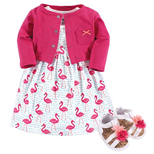 Hudson Baby Baby Girl Cotton Dress, Cardigan and Shoe Set, Bright Flamingo, 12-18 Months