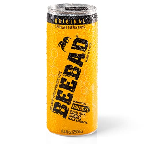 BEEBAD Sparkling Energy Drink Powered by Honey, Ginseng, Propolis, Maca, plus B6 and B12 Vitamins,12 Count