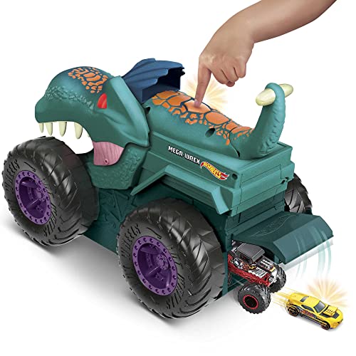 Hot Wheels Monster Trucks Car Chompin' MEGA-Wrex, Large Toy Monster Truck and 1:64 Scale Toy Car, 'Eats' and 'Poops' 1:64 Scale Vehicles
