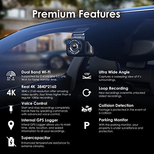 RexingUSA V55 Dash Cam - 4k Modular Capabilities, 5.0 GHz Wi-Fi, GPS Car Dash Camera Recorder, Night Vision, Loop Recording, Parking Monitor, Supercapacitor, Support 256GB Max, Voice Control (2023)