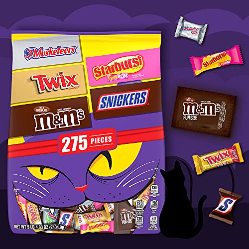 MandM'S Milk Chocolate, SNICKERS Chocolate Candy Bars, TWIX Caramel Cookie Bars, STARBURST Chewy Candy and 3 MUSKETEERS Chocolate Candy Bars Bulk Assorted Halloween Candy - 5lbs/275 Pieces