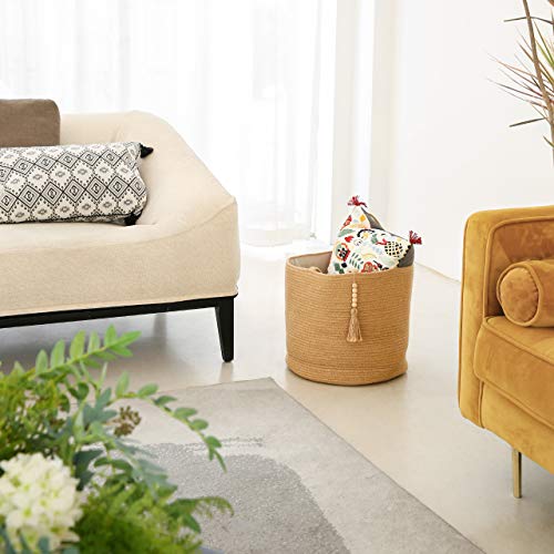 Mkono Woven Storage Basket Decorative Rope Basket Wooden Bead Decoration for Blankets,Toys,Clothes,Shoes,Plant Organizer Bin with Handles Living Room Home Decor, Jute, 16' W × 13.8'L