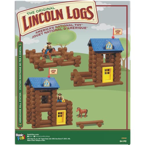 LINCOLN LOGS-Horseshoe Hill Station-83 Pieces-Real Wood Logs - Ages 3+ - Best Retro Building Gift Set for Boys/Girls – Creative Construction Engineering – Top Blocks Game Kit - Preschool Education Toy