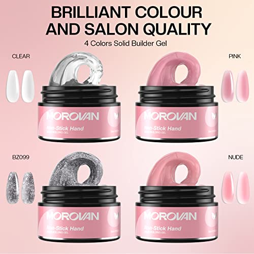 Morovan Solid Builder Gel for Nails - 4 Colors Builder Gel Nail Kit with UV Light Non-Sticky Hand Nail Carving Gel Nail Extension Gel for Nail Strenthen DIY Home Extension Caving
