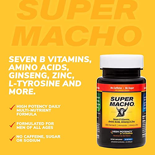 Super Macho, High Potency B Vitamins and Amino Acids, Fuel for Today's Active Men, No Caffeine, No Sugar, Dietary Supplement, Made in USA ,50 Softgels