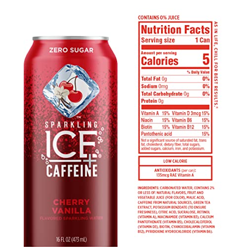 Sparkling Ice +Caffeine Cherry Vanilla Sparkling Water with Caffeine, Zero Sugar, with Antioxidants and Vitamins, Zero Sugar, 16 fl oz Cans (Pack Of 12)