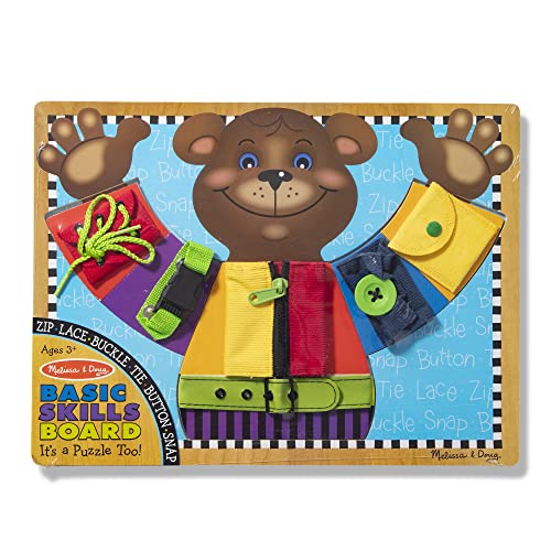 Melissa and Doug Basic Skills Puzzle Board - Wooden Educational Toy - Learn To Button Busy Board, Activity Board For Fine Motor Skills, Developmental Toy For Toddlers Ages 3+