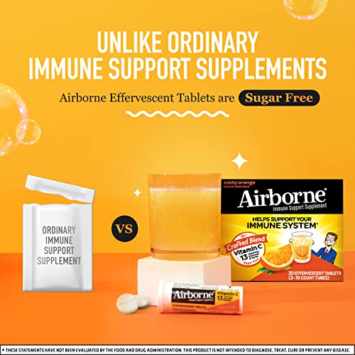 Airborne 1000mg Vitamin C with Zinc, SUGAR FREE Effervescent Tablets, Immune Support Supplement with Powerful Antioxidants Vitamins A C and E - 30 Fizzy Drink Tablets, Zesty Orange Flavor
