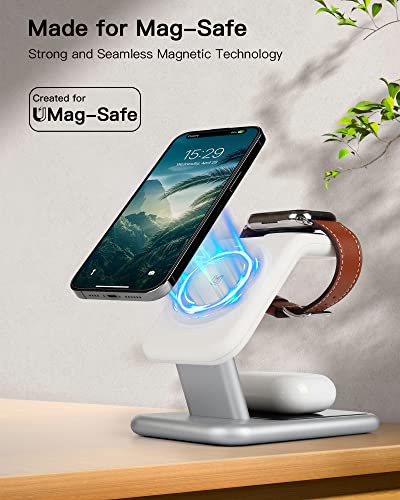 3-in-1 Wireless Charging Station, 18W Fast Mag-Safe Charger Stand for iPhone 14, 13 and 12 Series - Apple Watch and AirPods, Magnetic Wireless Charging Station for Multiple Devices with Adapter and LED