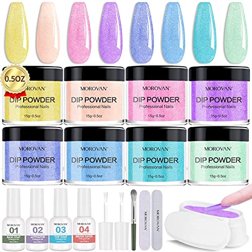 Morovan Dip Powder Nail Kit 8 Colors Glitter Nail Powder Dipping Starter Kit with Dip Powder Liquid Set for Nail Beginners and Professionals Nail Art DIY Dipping Powder Set