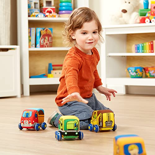 Melissa and Doug Pull-Back Construction Vehicles - Soft Baby Toy Play Set of 4 Vehicles - Cars For Infants, Construction Toys, Pull Back Cars For Babies Ages 9m+