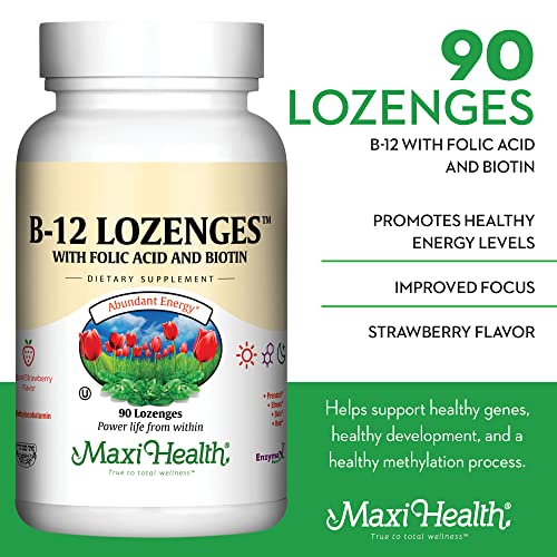 Vitamin B12 Lozenges with Folic Acid and Biotin - Sublingual B12 Vitamins Strawberry Flavor - Vegetarian Kosher B 12 Vitamin - Vit B12 Supplement for Red Blood Cell Production and Energy (90 Count)