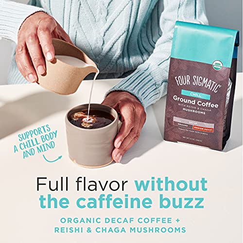Organic Decaf Ground Coffee by Four Sigmatic | Swiss Water Decaf Coffee Ground | Decaffeinated Coffee with Chaga and Reishi Mushroom Extracts | Decaf Coffee for Immune Support and Stress Relief | 12oz Bag