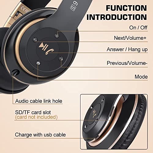 Prtukyt 6S Wireless Bluetooth Headphones Over Ear, Hi-Fi Stereo Foldable Wireless Stereo Headsets Earbuds with Built-in Mic, Volume Control, FM for Phone/PC (Black and Gold)